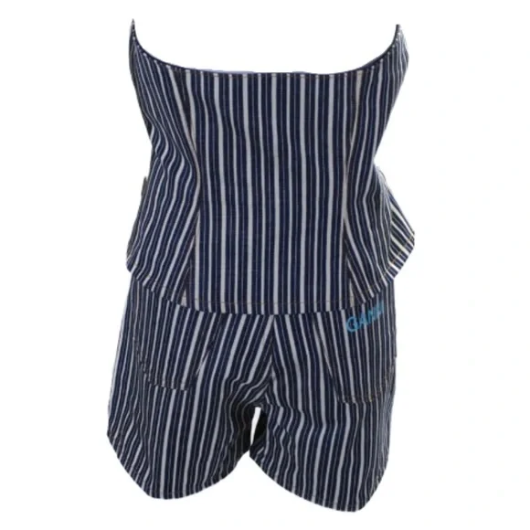 ❌SOLD❌NWOT Ganni Mixed Stripe Dark Indigo Denim Buster Top & Shorts Set💙🤍💙 - Picture 5 of 16